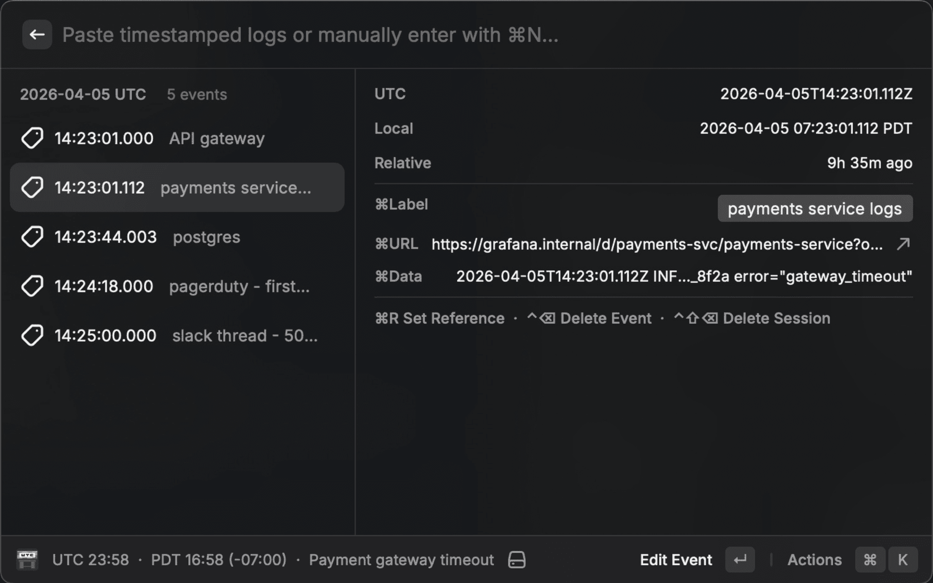 UTC Workbench showing a timeline of labeled events with UTC timestamps, relative offsets, and attached metadata